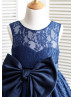 Navy Blue Lace Big Bow Knee Length Flower Girl Dress